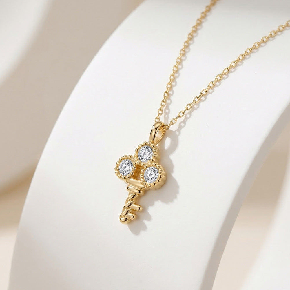 Gold Stainless Steel Twisted Key Pendant Necklace, Triple Round CZ Micro Pave Key Charm Cable Chain
