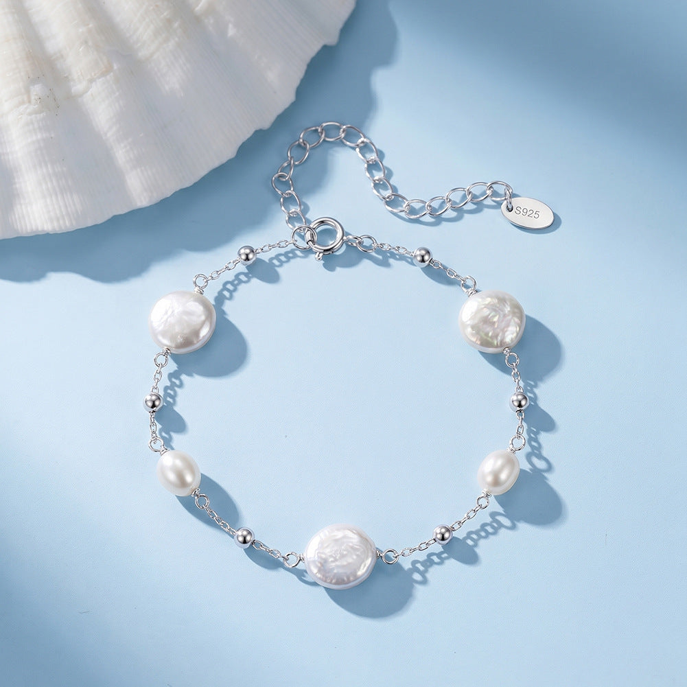 S925 Sterling Silver Bracelet, Large Coin Freshwater Pearls & Oval Rice Pearls with Silver Ball Spacers, Delicate Cable Chain, Adjustable Extension Chain