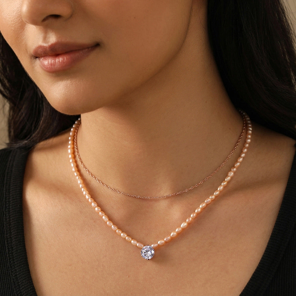 Champagne Rice Freshwater Pearl Choker Necklace, Lustrous Pale Peach Mini Pearls with Solitaire Cubic Zirconia Rose Gold Chain