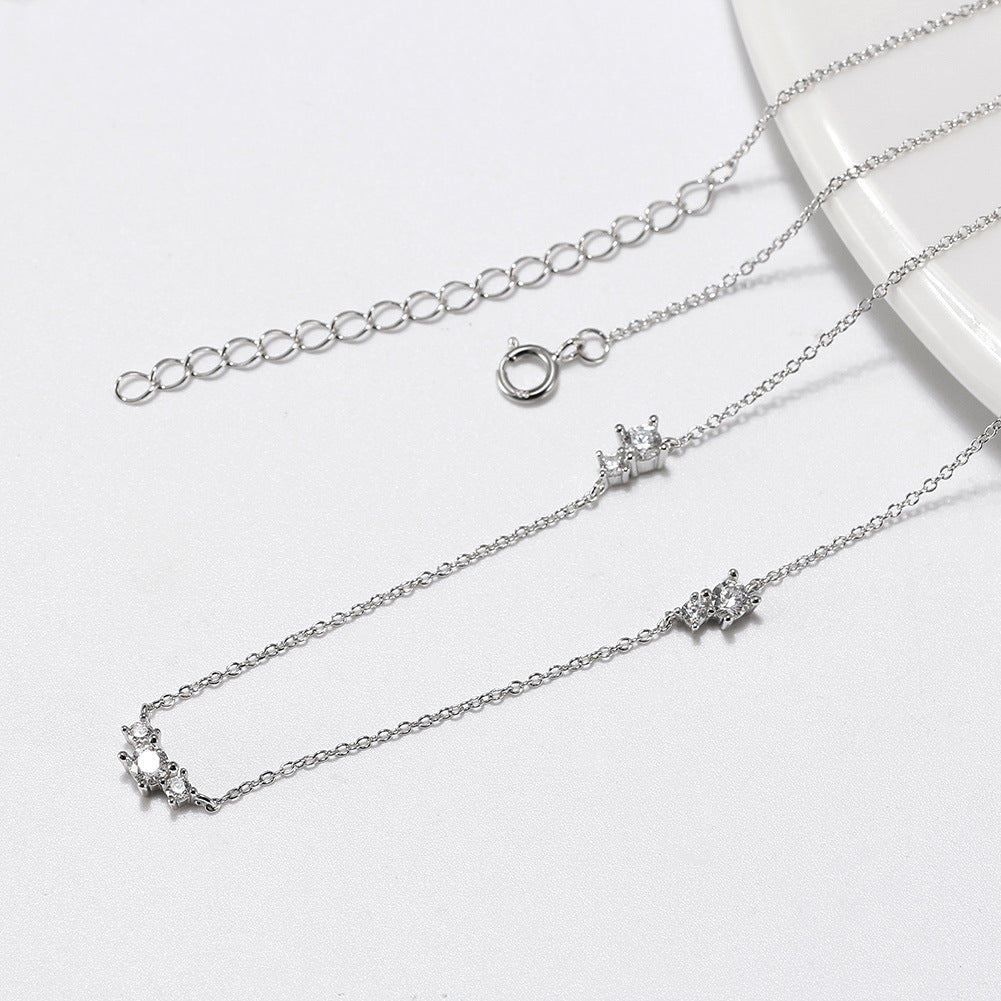 Gold Stainless Steel CZ Station Necklace, Round Clear Cubic Zirconia Three Stone Side & Center Sparkling Choker Necklace