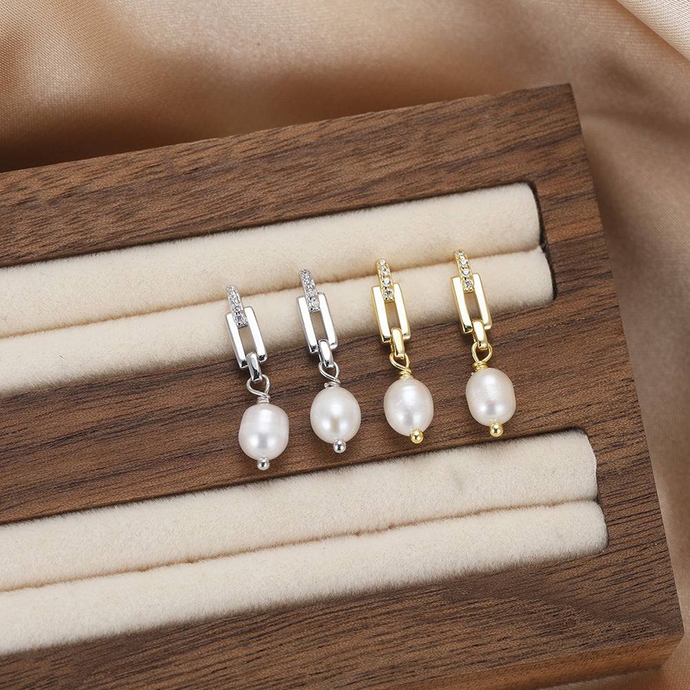 S925 Sterling Silver Paperclip Link CZ Accent Teardrop Freshwater Pearl Dangle Earrings, Geometric Chain Oval Lustrous Pearl Drop Earrings