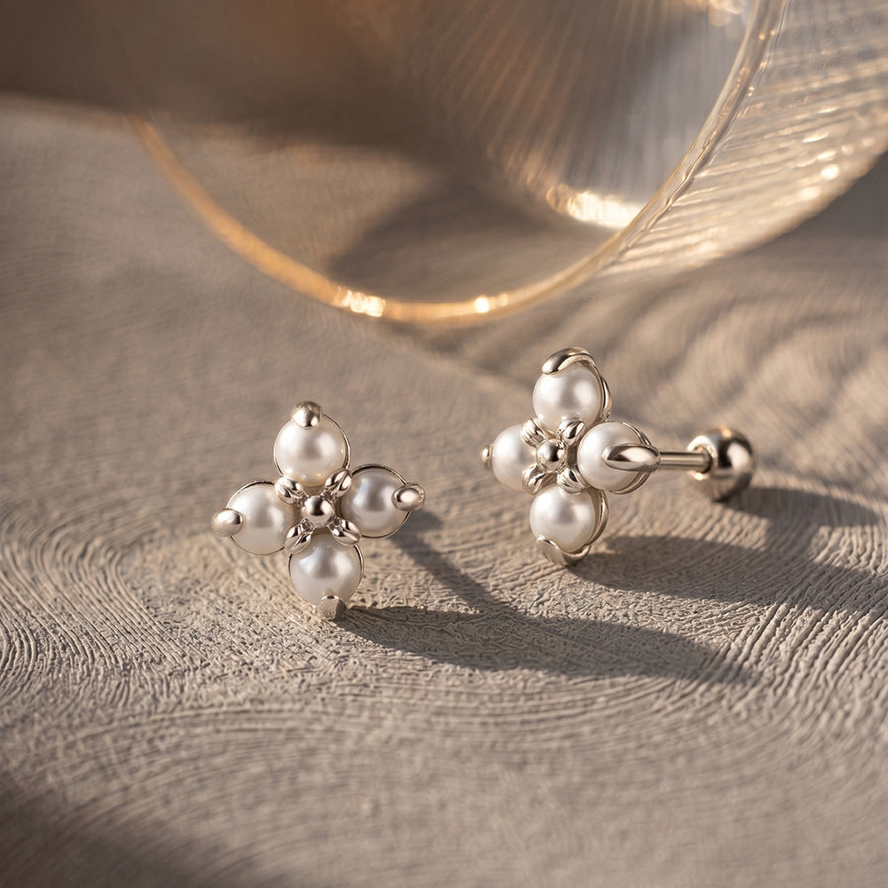 S925 Sterling Silver Four-Petal Flower Freshwater Pearl Screw Back Stud Earrings, Cluster Small Round Pearls Floral Ear Piercing Jewelry