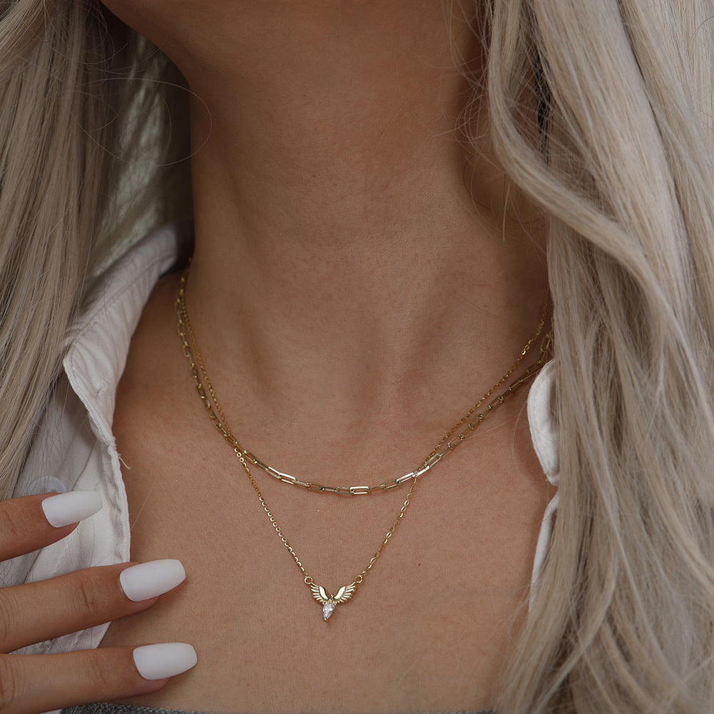 Stainless Steel Angel Wing Necklace, Pear Cut CZ Pendant Necklace, Gold Plated Wing Choker, Dainty Teardrop Crystal Necklace for Women