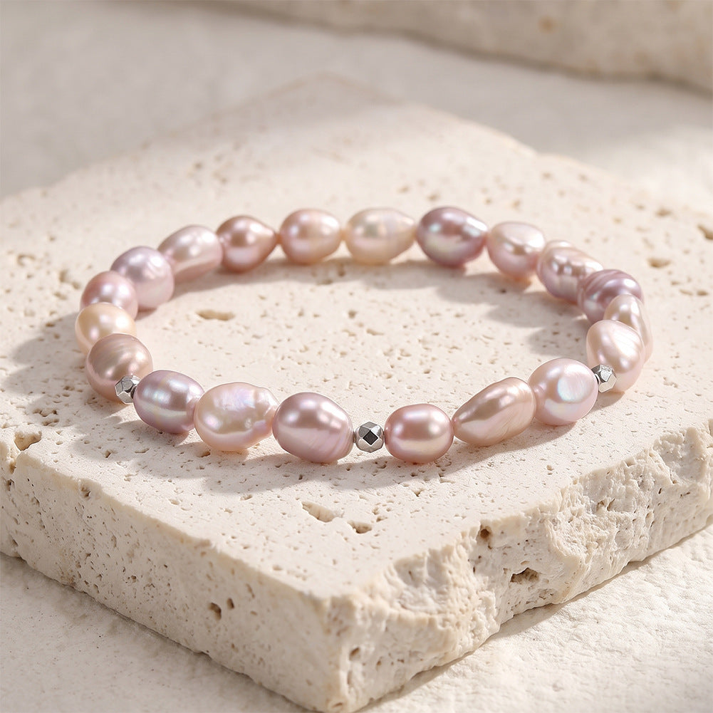 Stretch Beaded Bracelet, Pastel Pink Lavender Baroque Teardrop Freshwater Pearls with Faceted Silver Metal Accent Beads, Soft Iridescent Pearl Shine