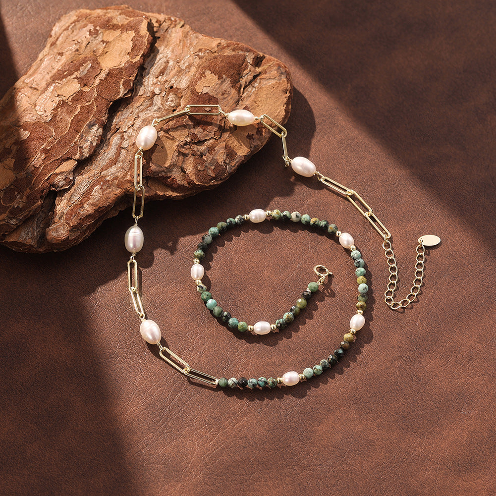 Gold Paperclip Chain Necklace, Rice Shape Freshwater Pearls & African Turquoise Beaded Pearl Necklace