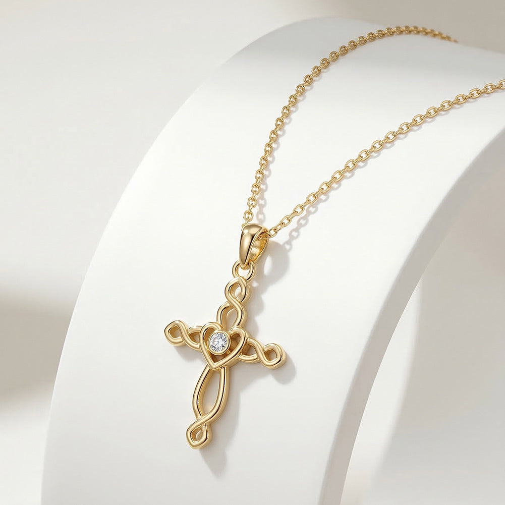 Silver Stainless Steel Hollow Twist Cross Necklace, Intertwined Heart Cross Pendant With Center CZ Stone** 银色不锈钢镂空扭纹十字架项链，缠绕爱心十字，中心镶嵌锆石吊坠