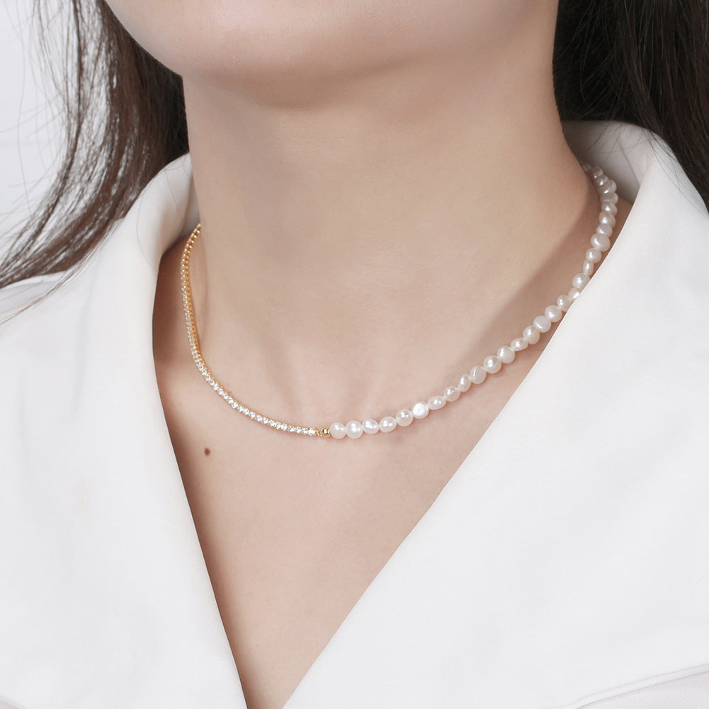 Half Pearl Half Tennis Chain Gold Necklace, Lustrous Irregular Freshwater Pearl Choker with Cubic Zirconia Tennis Chain & Extender