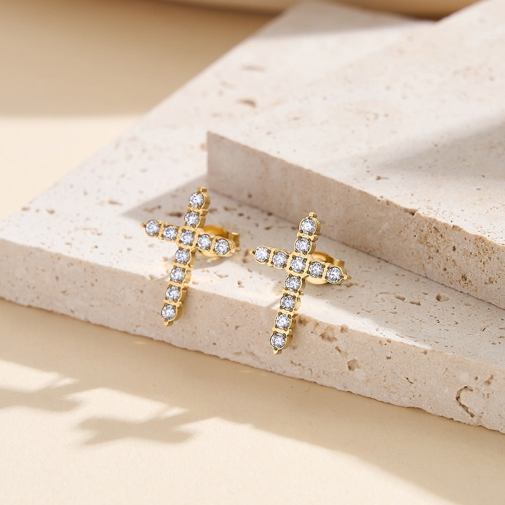 Gold Plated Stainless Steel Paved CZ Cross Stud Earrings