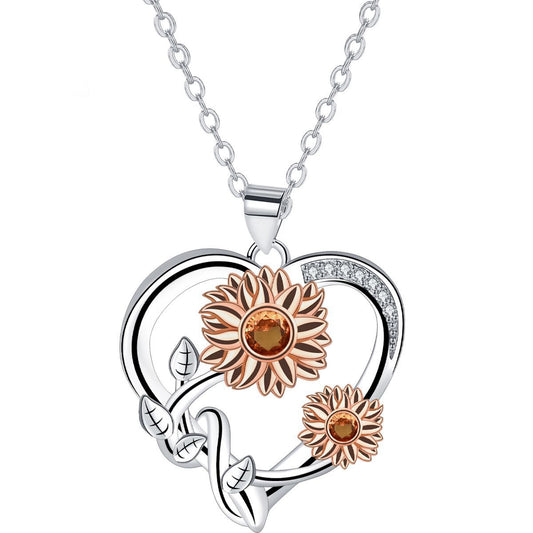 Copper With Silver/Rosgold Plated Heart Sunflower Pendant Necklace
