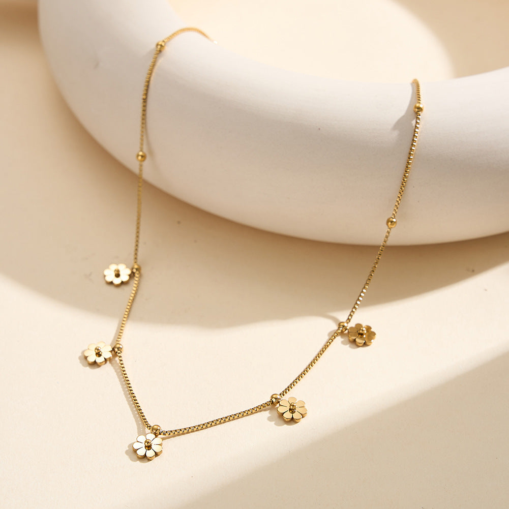 Gold Stainless Steel Flower Satellite Necklace, Multi Daisy Floral Charm & Tiny Bead Box Chain Choker