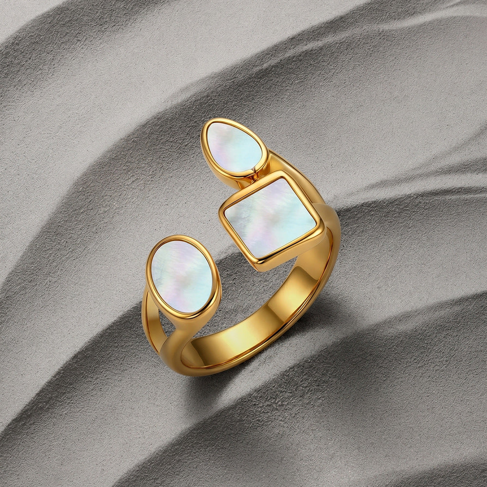 Gold Plated Stainless Steel Open Cuff Ring, Square & Oval Mother of Pearl Inlay