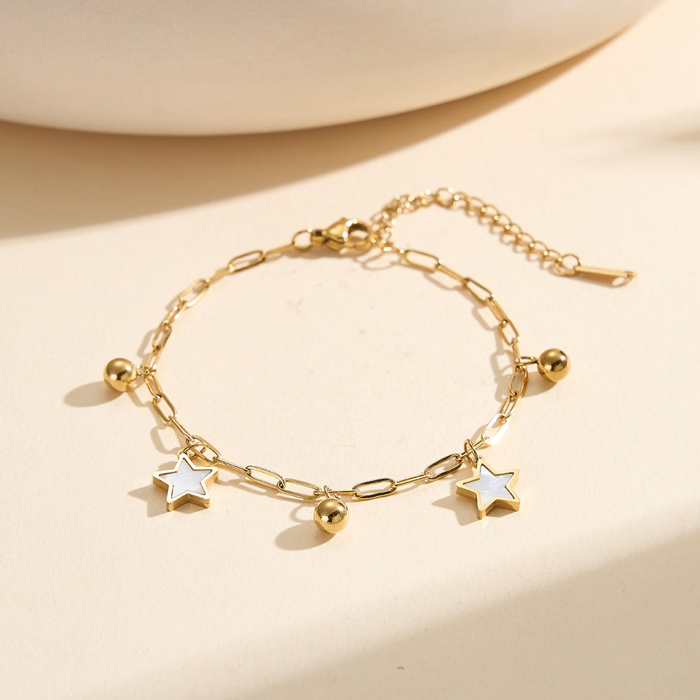 Gold Plated Stainless Steel Paperclip Chain Bracelet, 2 Mother of Pearl Star Charms & Round Metal Ball Beads, Adjustable
