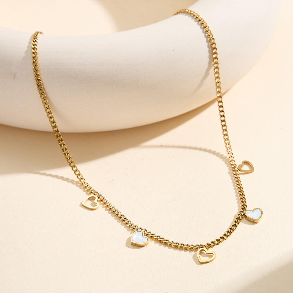 Gold Stainless Steel Heart Cuban Choker, Hollow Outline Heart and White Mother of Pearl Inlay Heart Drop Charms, Cuban Chain