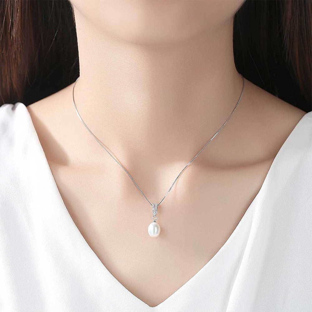 925 Sterling Silver Natural Pearl Drop Necklace Fashion Jewelry Gift for Women Girls