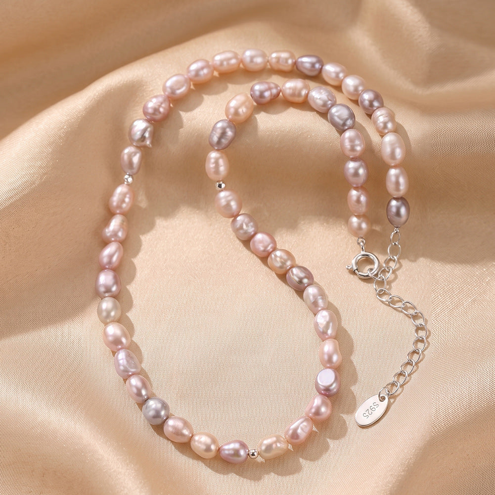 Soft Pink Iridescent Baroque Freshwater Pearl Full Strand Necklace, Pastel Pink Organic Shape Pearls S925 Silver Chain