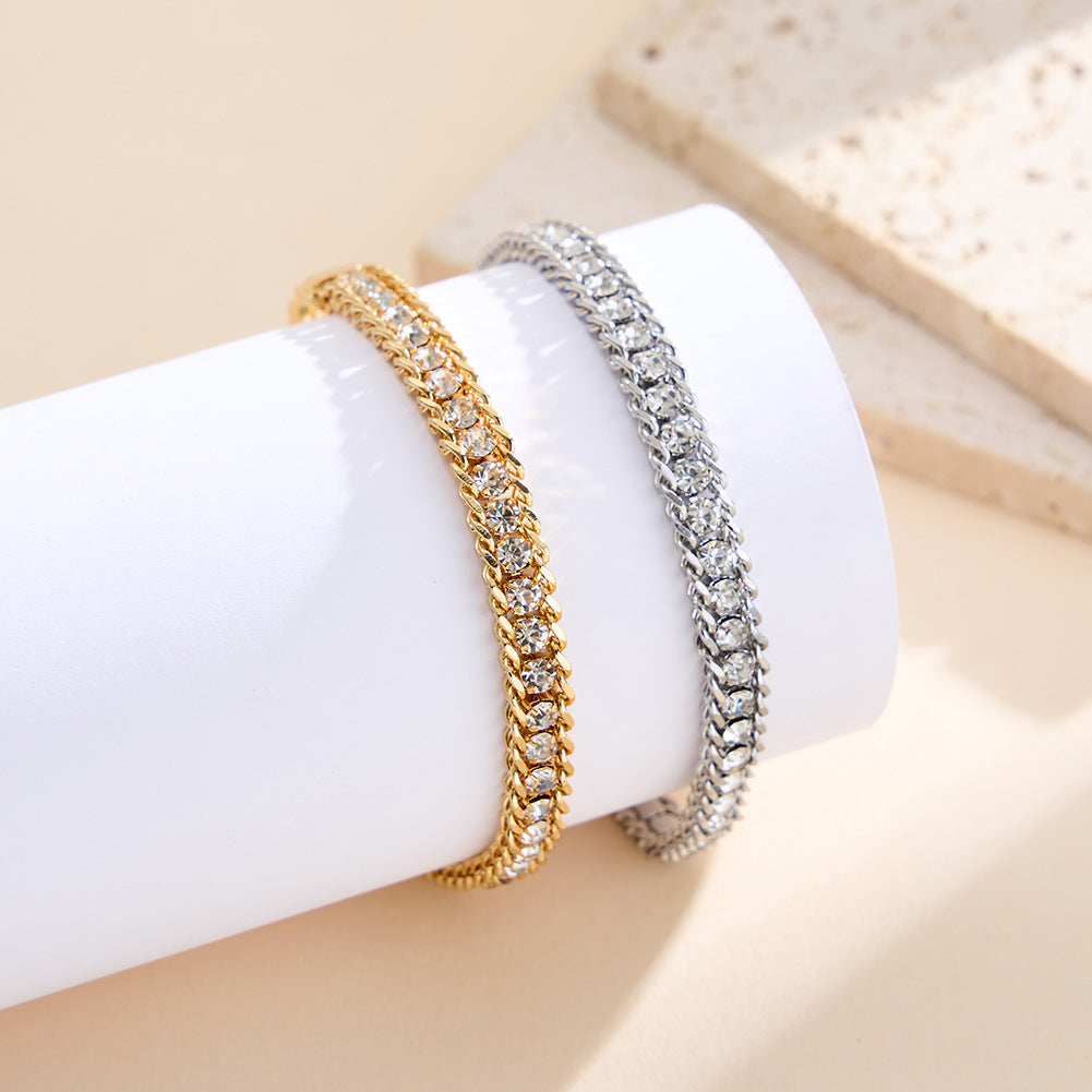 Silver Stainless Steel Double Row CZ Braided Bracelet, Inlaid Cubic Zirconia Woven Chain, Adjustable Extension