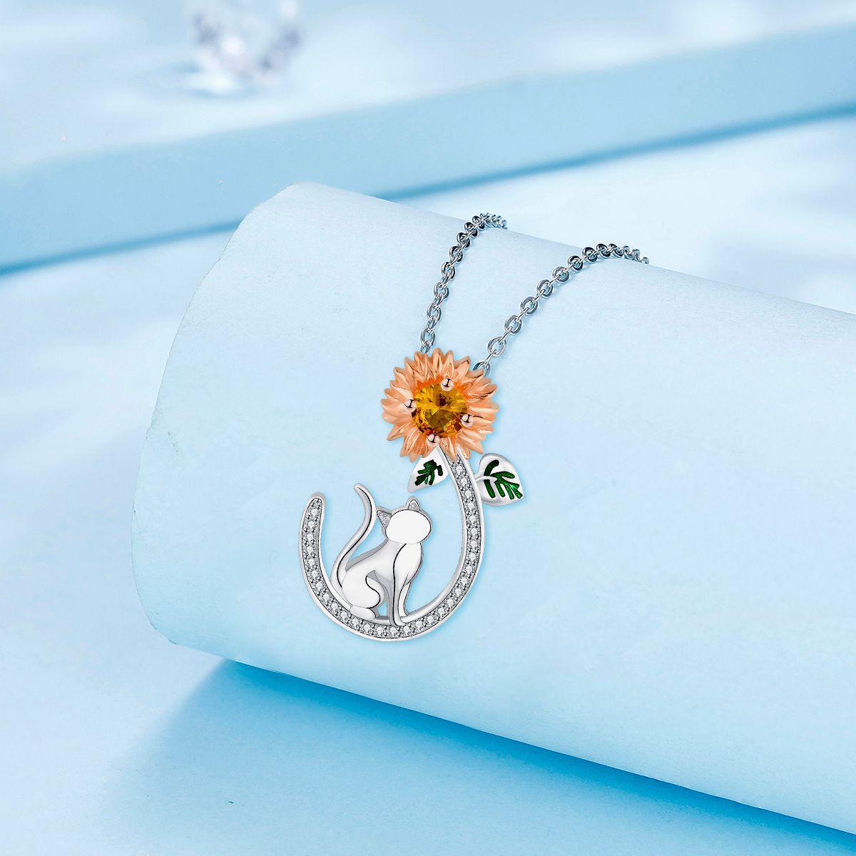 Copper With Silver Plated Flower Cat Pendant Necklace