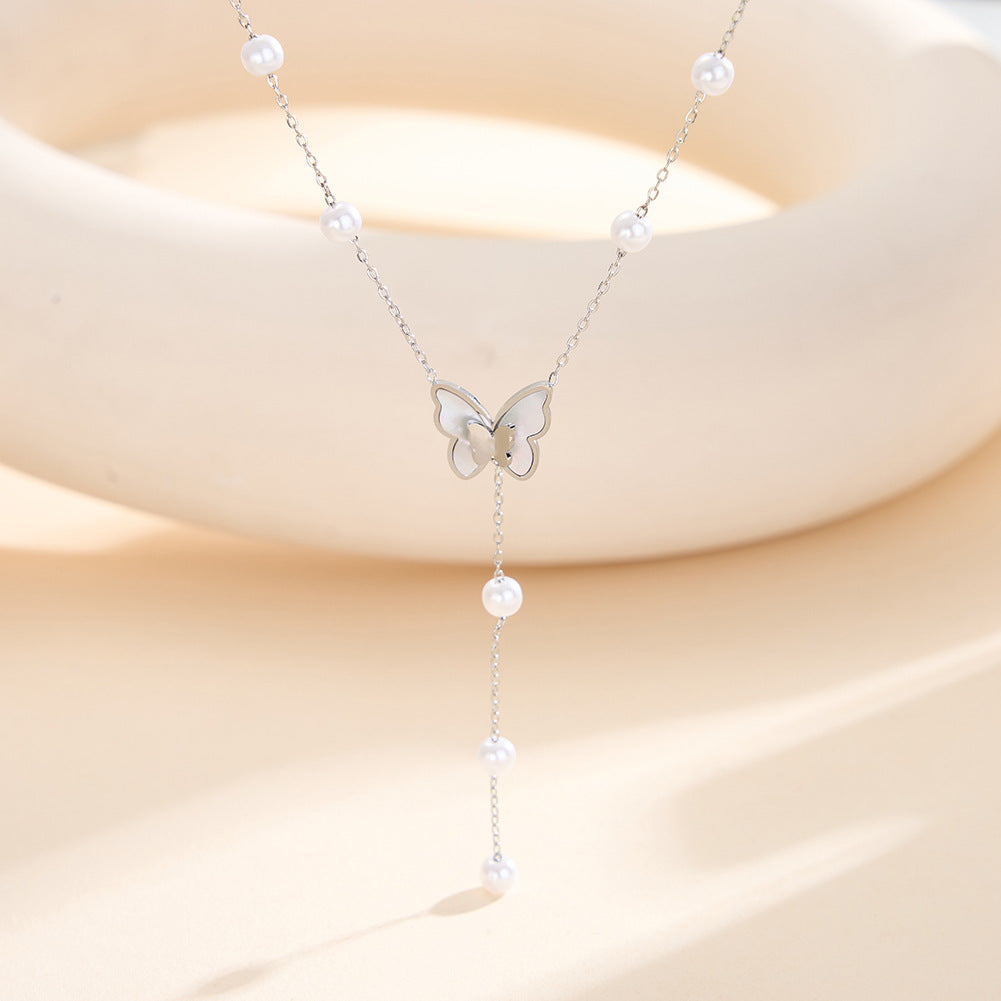 Silver Stainless Steel Y Drop Lariat Necklace, White Shell Inlay Butterfly Charm with Station White Pearl Beads