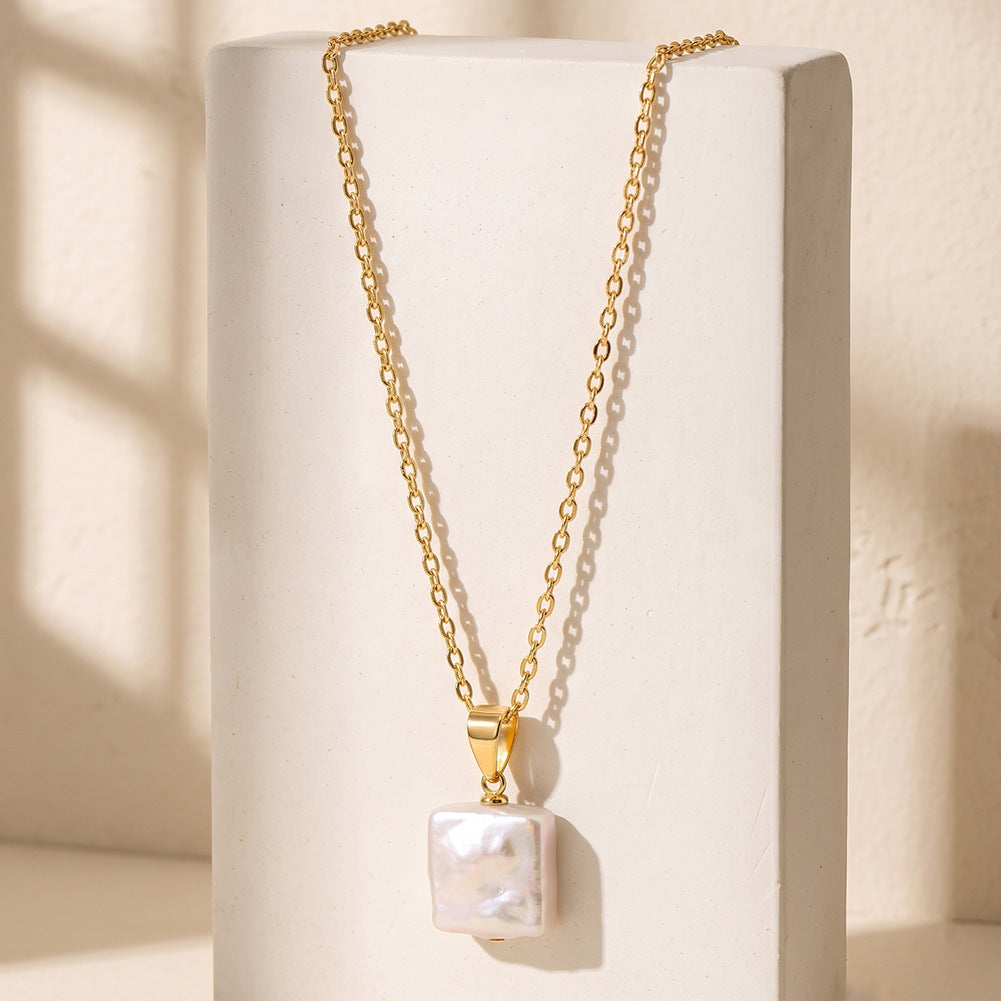Square Baroque Freshwater Pearl Pendant Necklace, Natural Irregular Luminous Pearl Silver Chain Necklace