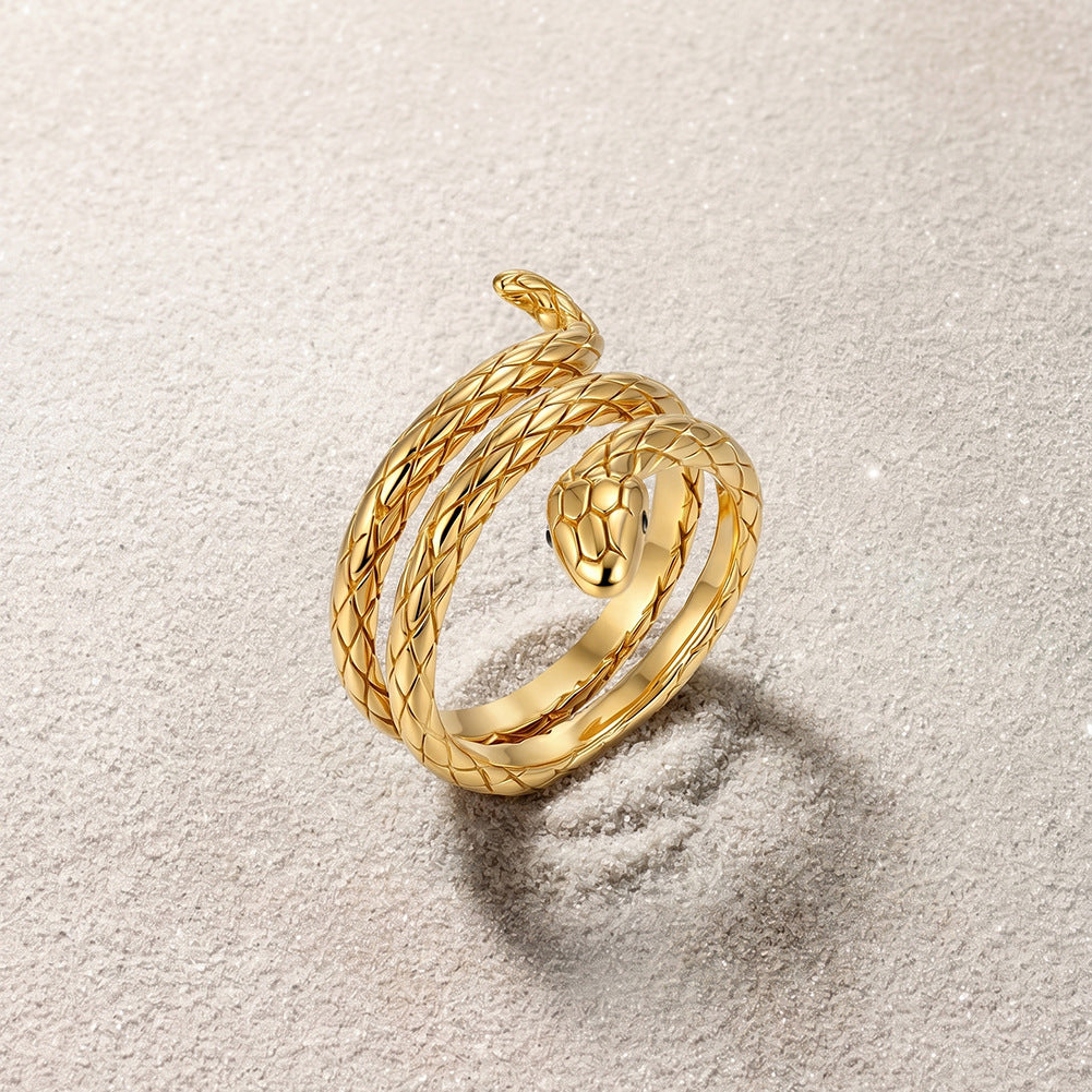 Gold Plated Stainless Steel Coiled Snake Ring, Scale Textured Snake Wrap Band
