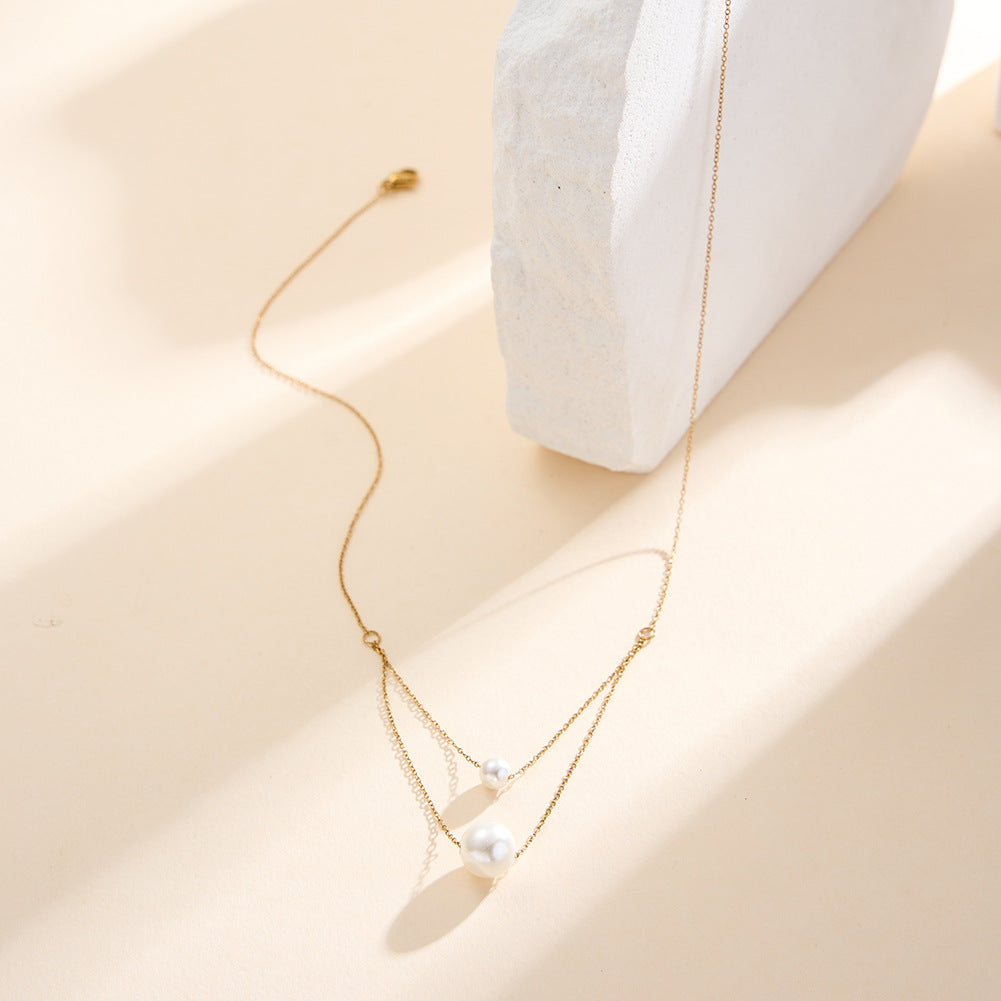 Gold Stainless Steel Double Layer Rolo Chain Necklace, Two Size Graduated Floating White Pearl Drop Pendants