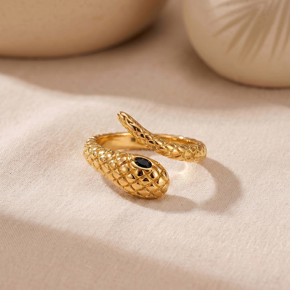 Gold Plated Stainless Steel Open Snake Ring, Scale Pattern with Black CZ Eyes