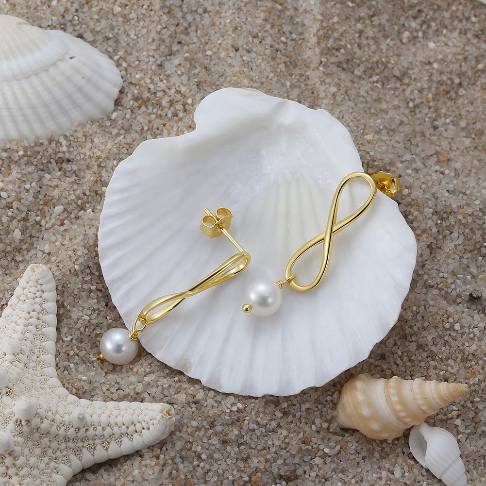 S925 Gold Plated Infinity Twist Wire Pearl Dangle Earrings, Figure 8 Twisted Gold Frame with Single Glossy Round Freshwater Pearl Pendant