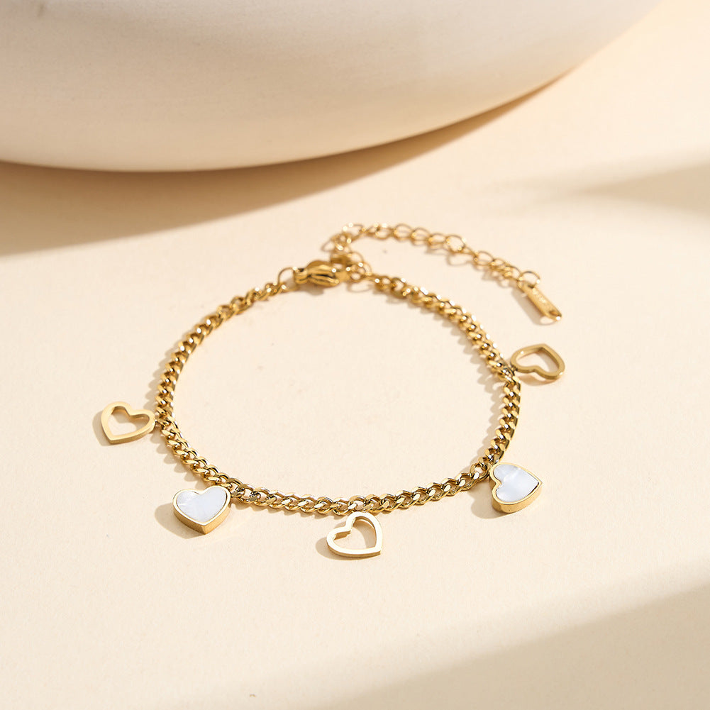 Gold Plated Stainless Steel Curb Chain Heart Bracelet, Hollow Outline Hearts & White Mother of Pearl Inlaid Heart Charms