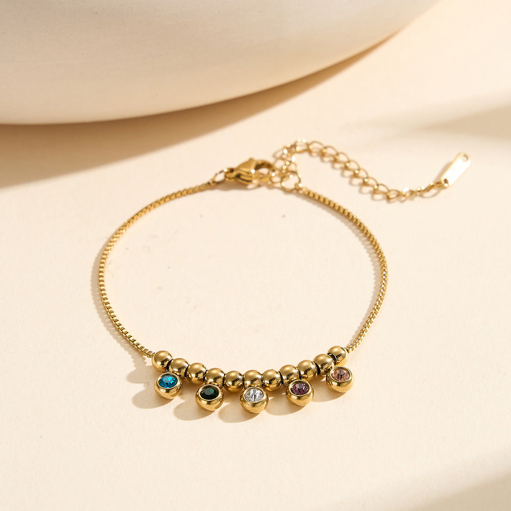 Gold Plated Stainless Steel Box Chain Bracelet, Multicolor Round CZ Drop Charms & Gold Spacer Beads