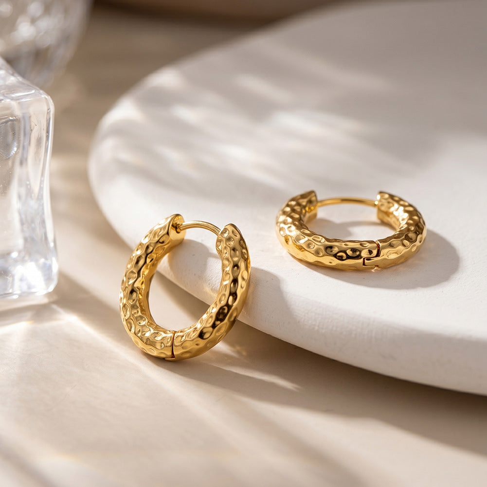 Gold Plated Stainless Steel Hammered Texture Round Huggie Hoop Earrings