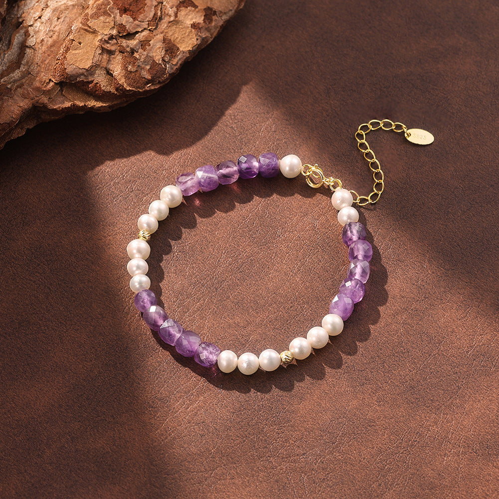 S925 Gold Plated Beaded Bracelet, Round Lustrous Freshwater Pearls and Faceted Cube Amethyst Beads, Dainty Beaded Design, Adjustable Extension Chain