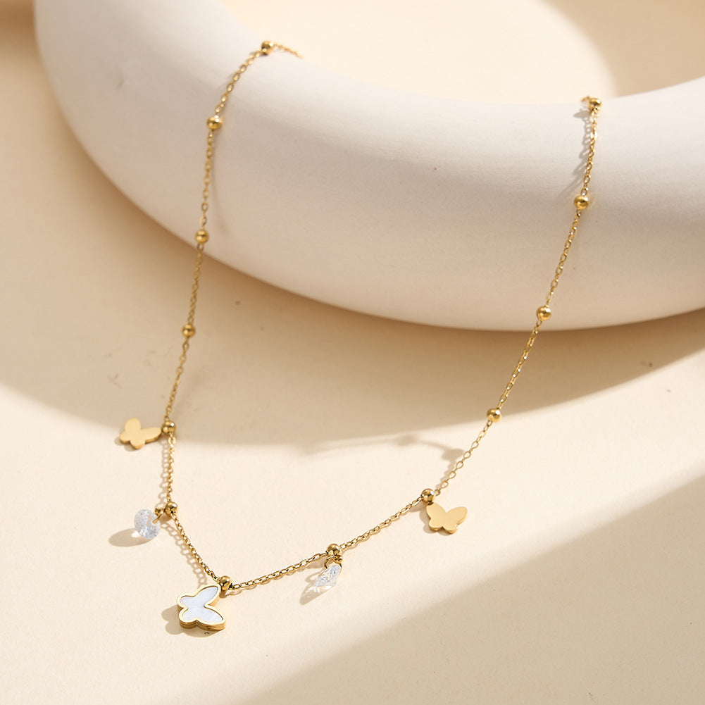 Gold Stainless Steel Butterfly Station Necklace, Solid Butterfly Charms, White Shell Inlay Butterfly Pendant with Clear CZ Drops