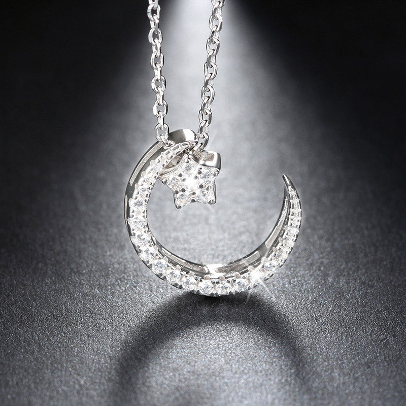 Silver Stainless Steel Moon and Star CZ Necklace, Pave Clear Cubic Zirconia Crescent Moon & Star Pendant Necklace