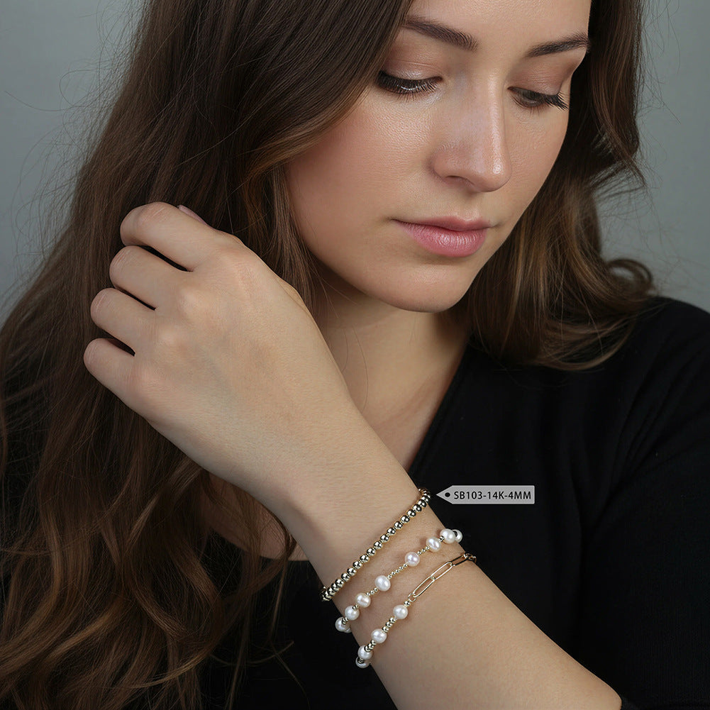 S925 Sterling Silver Half Paperclip Half Ball Chain Bracelet, Round Lustrous White Freshwater Pearls, Adjustable Extension Chain