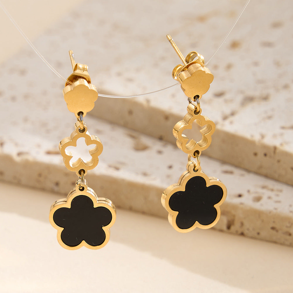 Gold Plated Stainless Steel Triple Clover Drop Earrings with Black Enamel Inlay