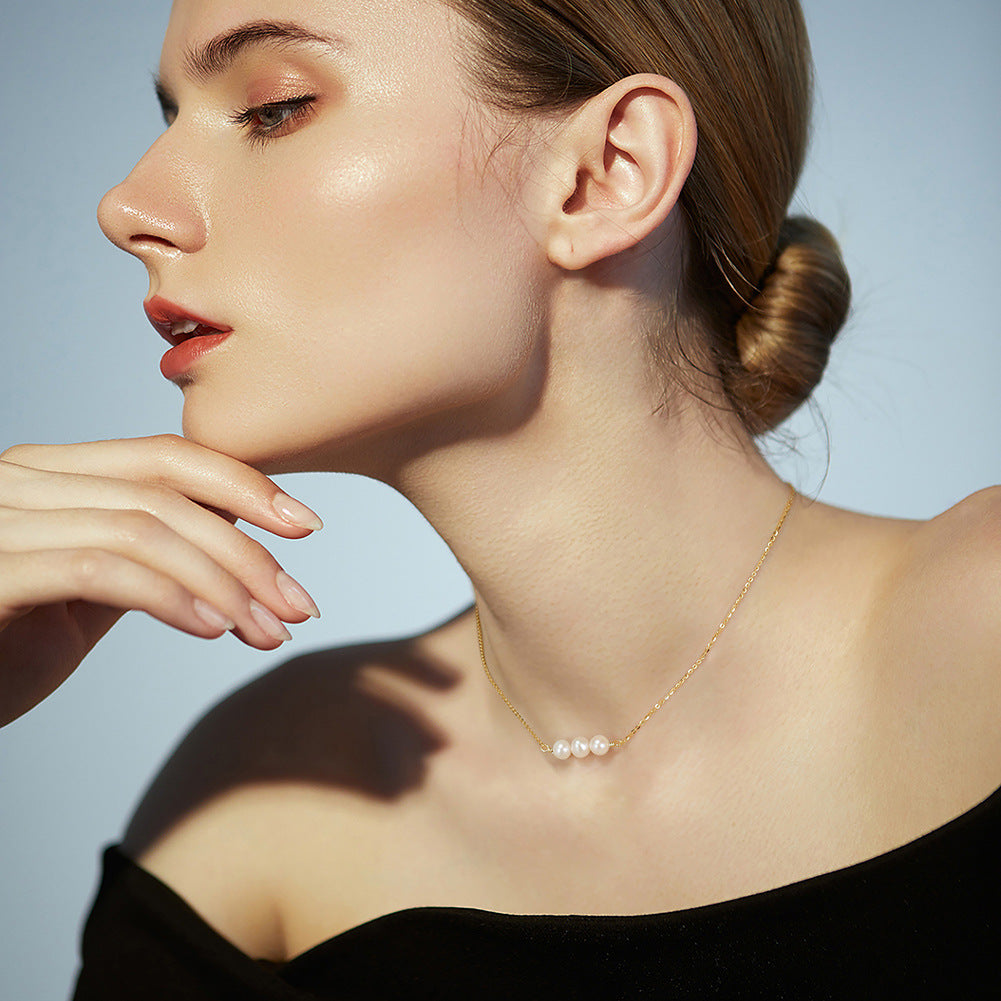 Gold Minimalist Horizontal Bar Necklace, Three Glossy Round Freshwater Pearls Side-by-Side on Thin Cable Chain