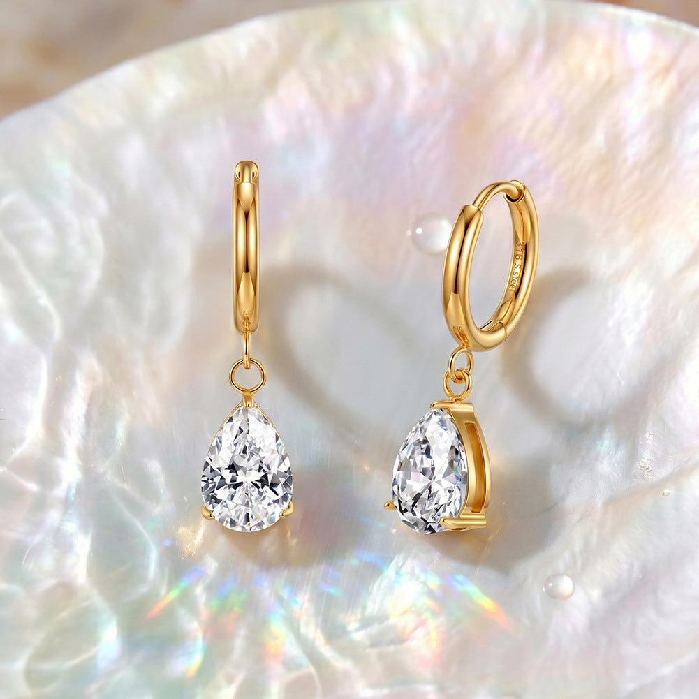 Gold Plated 316 Stainless Steel Huggie Hoop Earrings with Pear Shape Clear Cubic Zirconia Dangle Charm