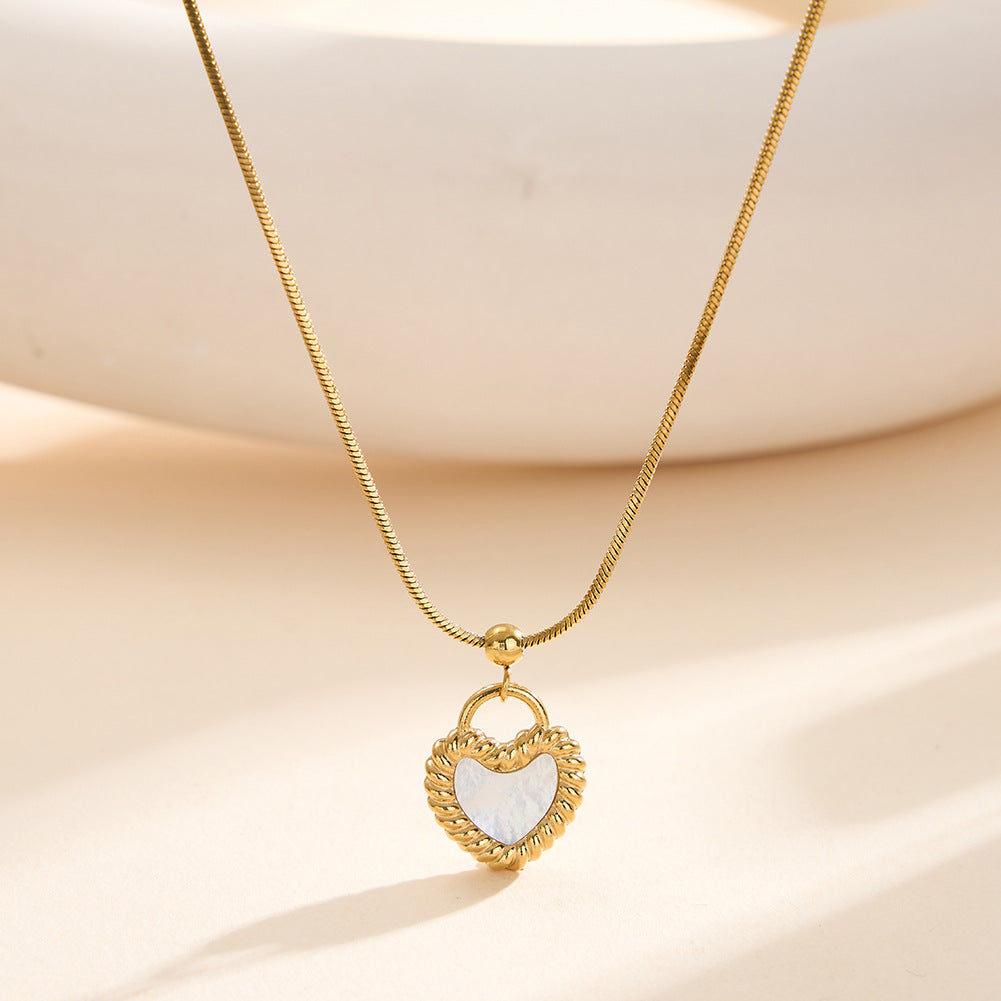 Silver Stainless Steel Snake Chain Necklace, Twisted Rope Edge Heart Lock Pendant with White Mother of Pearl Inlay