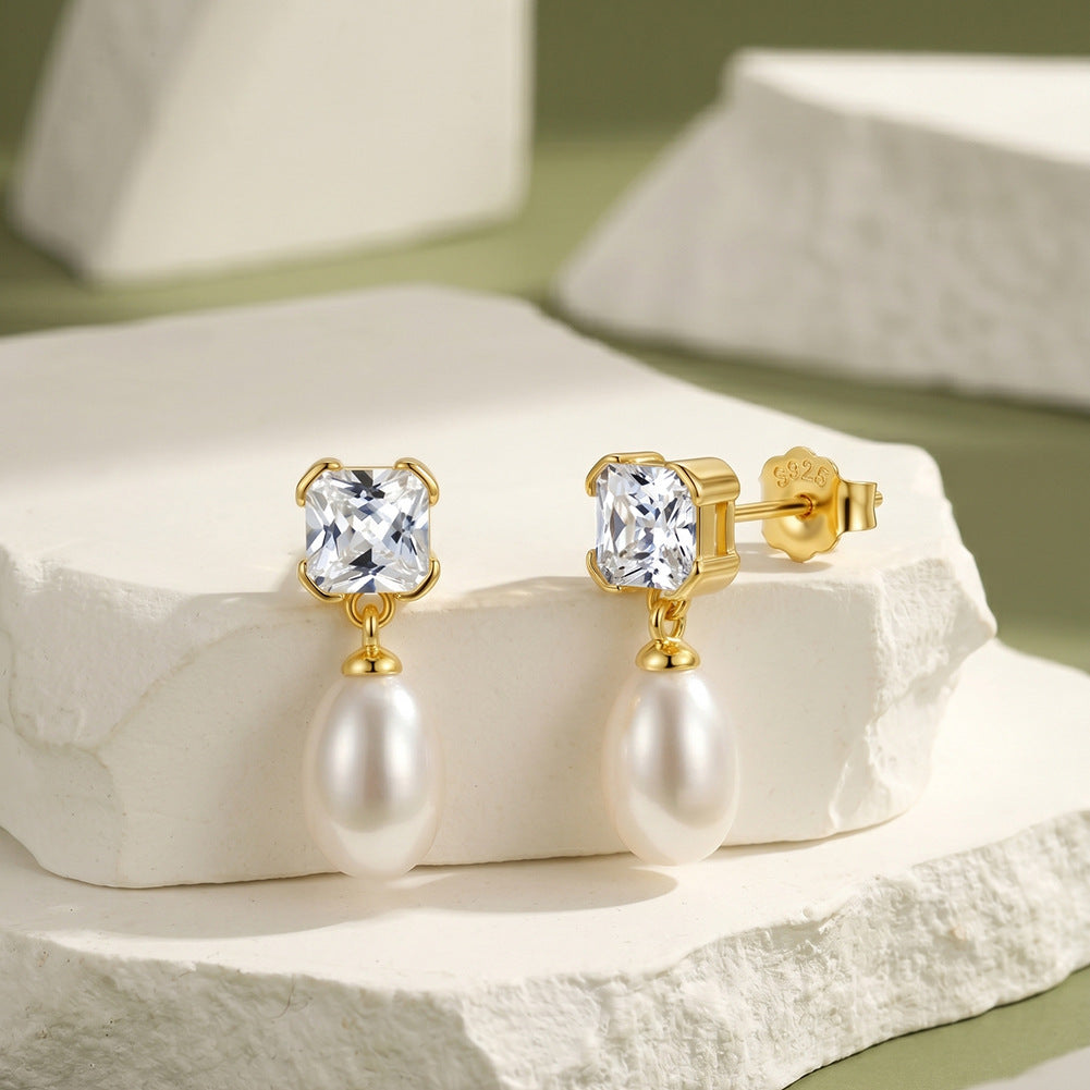 S925 Sterling Silver Cushion Cut CZ & Oval Freshwater Pearl Drop Earrings, Sparkling Square Cubic Zirconia Teardrop Pearl Earring Studs