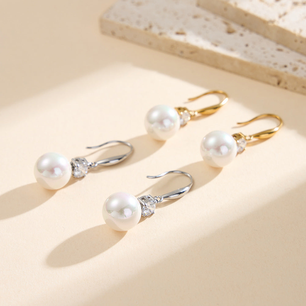Gold Plated Stainless Steel Teardrop Hook Earrings with Round CZ and Big Imitation Pearl