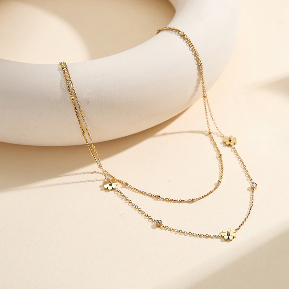 Gold Stainless Steel Double Layer Daisy Necklace, Two-Tier Stacked Chain with Daisy Flower Charms and 3mm Round CZ Accents