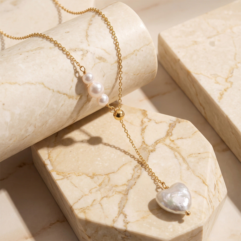 GPN116Adjustable Lariat Baroque Heart Freshwater Pearl Y Necklace, Iridescent Heart-shaped Pearl Pendant S925 Silver Chain