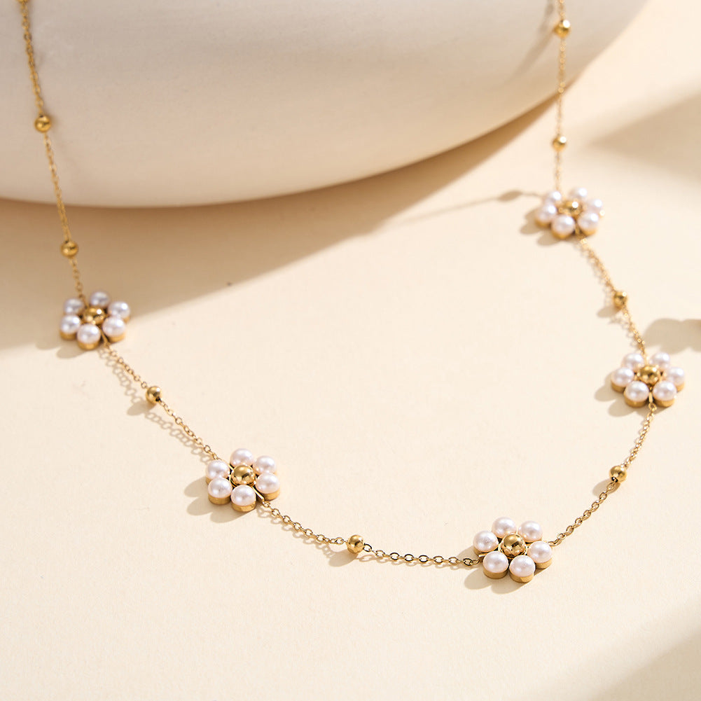 Gold Stainless Steel Pearl Flower Station Necklace, Multi Daisy Pearl Floral Charm with Tiny Gold Ball Beads