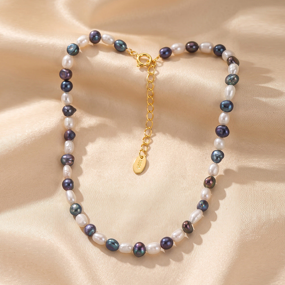 Mixed White & Peacock Baroque Freshwater Pearl Necklace, Multi-tone Irregular Lustrous Pearls Gold Plated S925 Chain