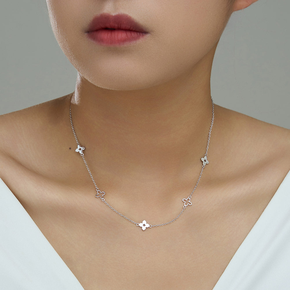 Stainless Steel Four Leaf Clover Station Necklace, Gold Plated Dainty Clover Charm Chain Necklace, Minimalist Floral Necklace for Ladies