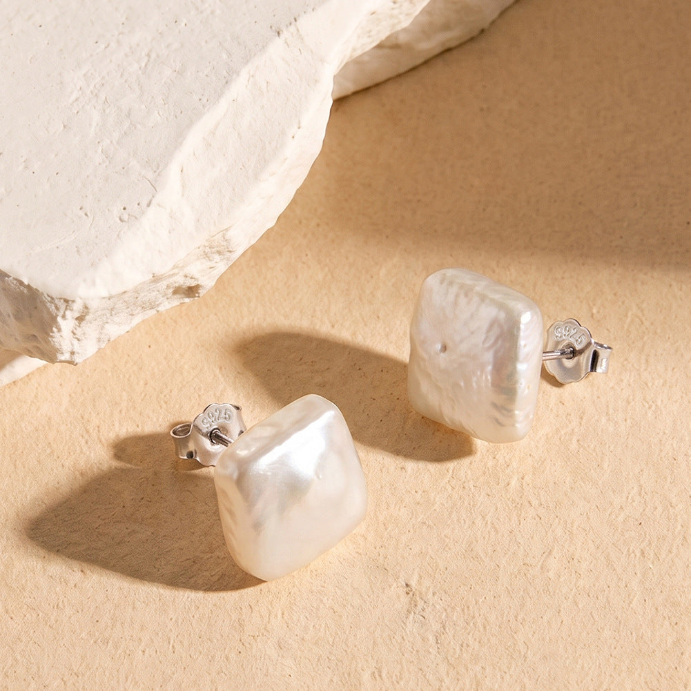 S925 Sterling Silver Square Baroque Pearl Stud Earrings, Lustrous Irregular Square Freshwater Pearl Minimalist Ear Studs