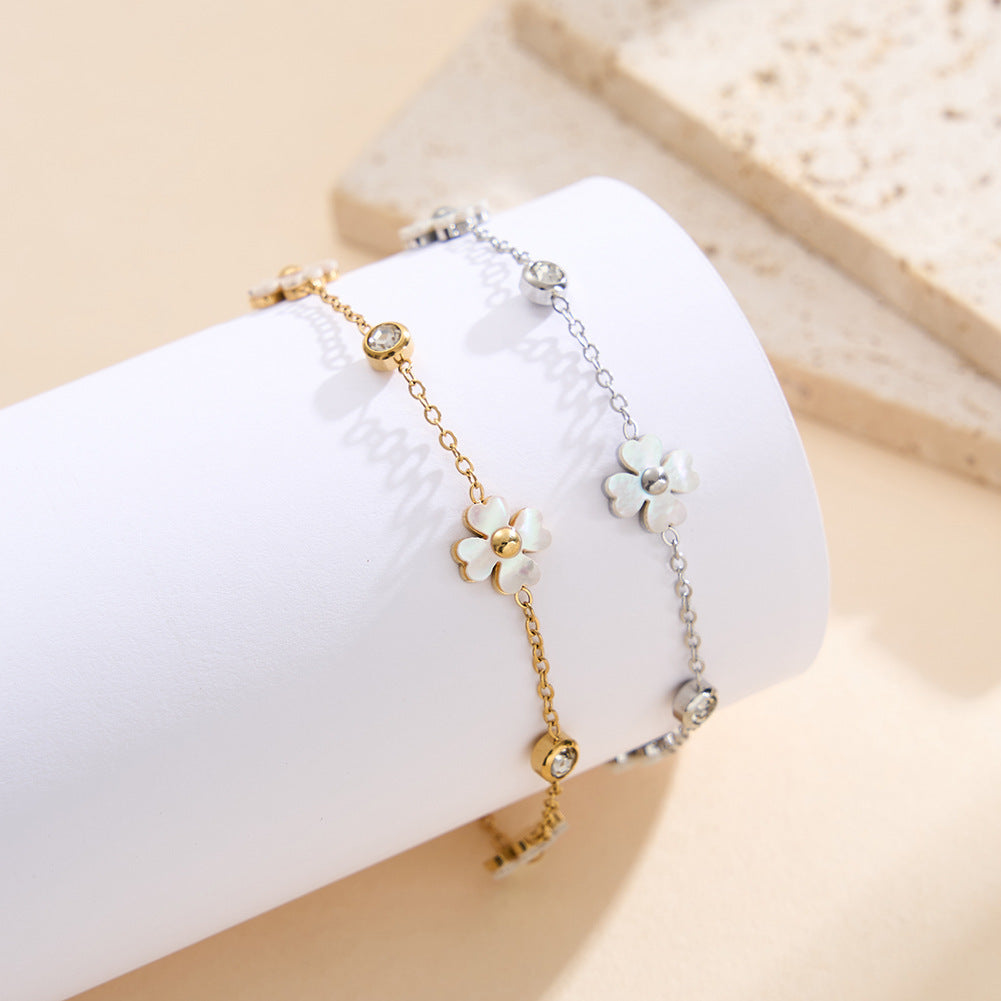 Gold Plated Stainless Steel Floral Bracelet, White Shell Flower Charms with CZ Accent Stones, Dainty Thin Chain, Adjustable