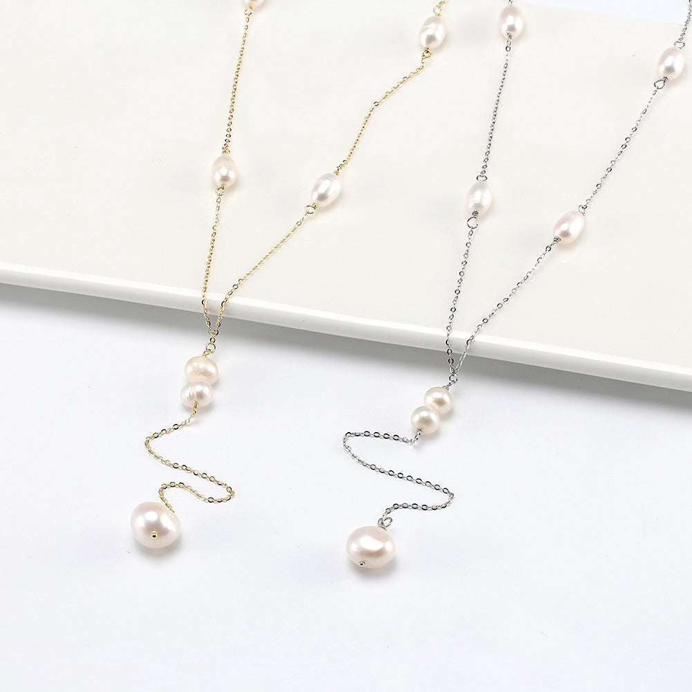 Gold Stainless Steel Baroque Pearl Y Drop Necklace, Multi Size Rice Pearl Lariat Pendant Cable Chain Necklace