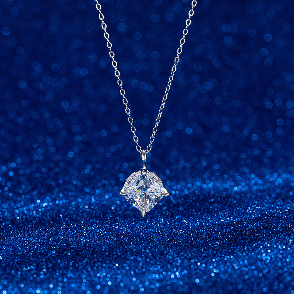 Silver Stainless Steel Princess Square Cut CZ Pendant Necklace, Four Prong Setting Clear Square Cubic Zirconia Pendant