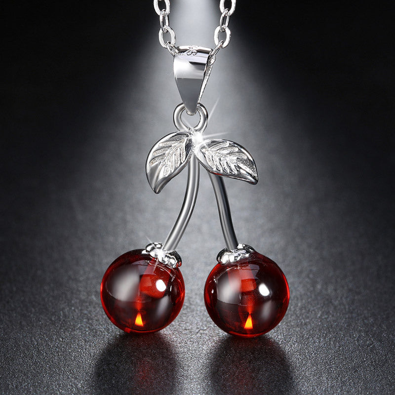 Silver Stainless Steel Red Cherry Pendant Necklace, Round Red Bead Cherry Charm With CZ Inlaid Leaf Details Cable Chain